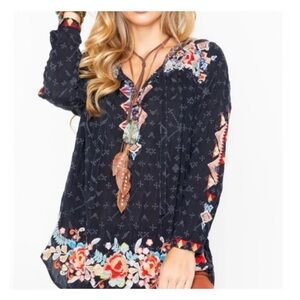 Johnny Was Black Embroidered Floral Boho Tunic Top Long Sleeve Size Medium